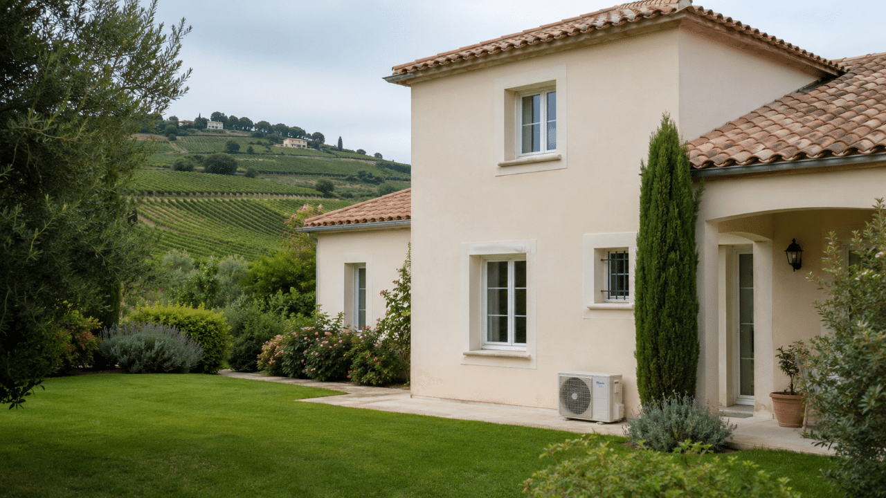 Unité extérieure de climatisation au jardin d'une villa à Pierrevert