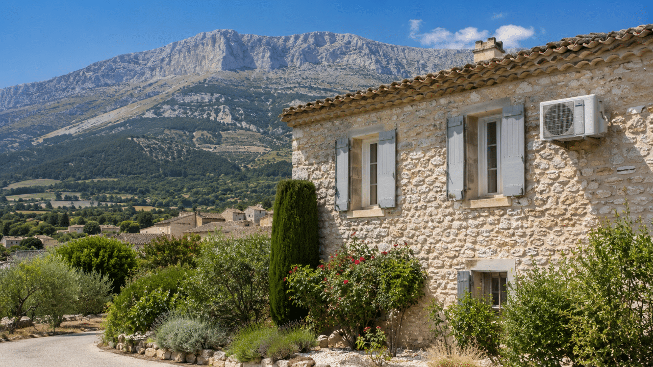 Unité de climatisation sur une maison de Saint-Étienne-les-Orgues au pied de Lure