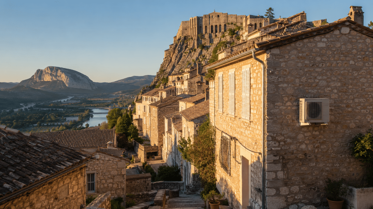 Unité de climatisation sur une maison de Sisteron sous la citadelle