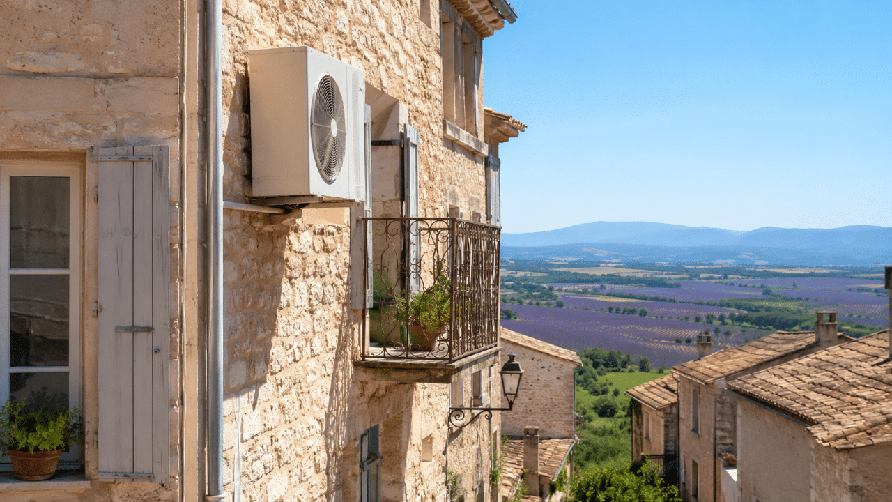 Climatiseur sur une façade ancienne du centre de Valensole
